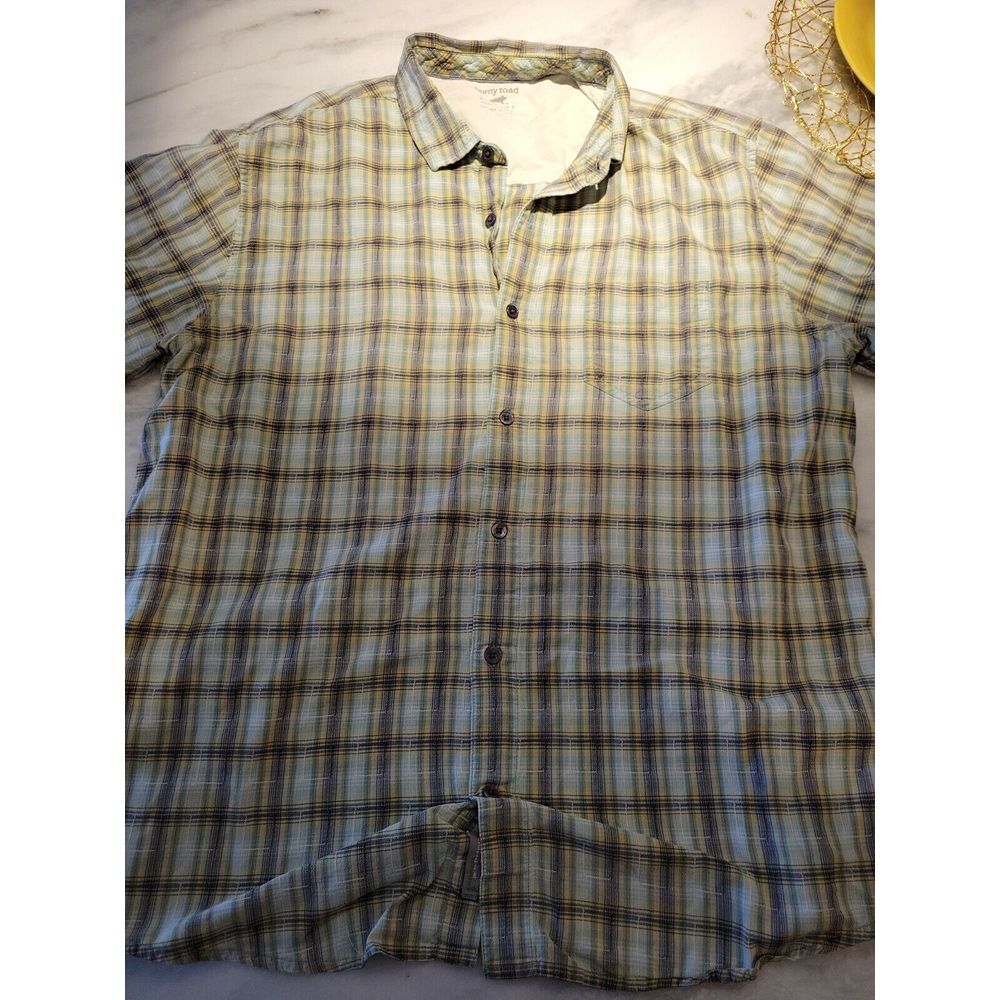 Horny Toad Mens XLarge Green Yellow White Plaid‎ Organic Cotton Button Up